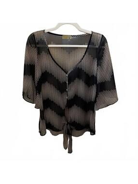 Black and Beige Sheer Button-Up Blouse with Tie Front Size S
